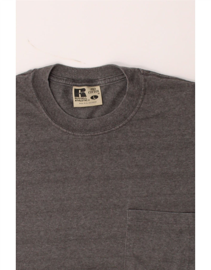 RUSSELL ATHLETIC Mens T-Shirt Top Large Grey Striped Cotton Vintage Russell Athletic and Second-Hand Russell Athletic from Messina Hembry 