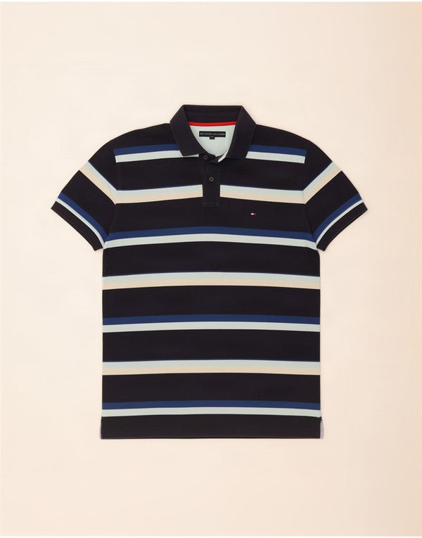 Tommy Hilfiger Mens Polo Shirt Large Navy Blue Striped Cotton