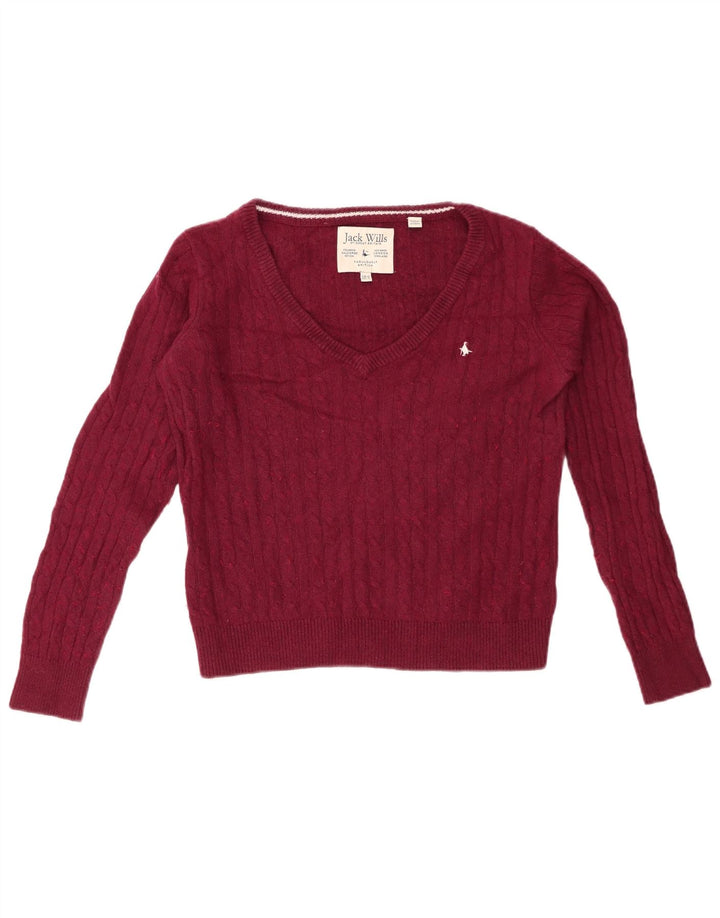 JACK WILLS Womens Crop V-Neck Jumper Sweater UK 10 Small Burgundy Cotton