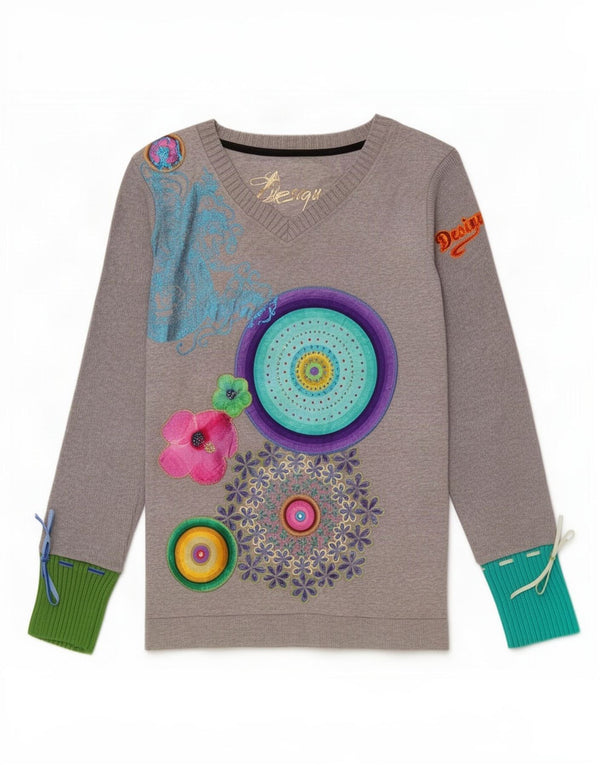 Desigual Womens Graphic Top Long Sleeve UK 14 Large Grey Floral Cotton