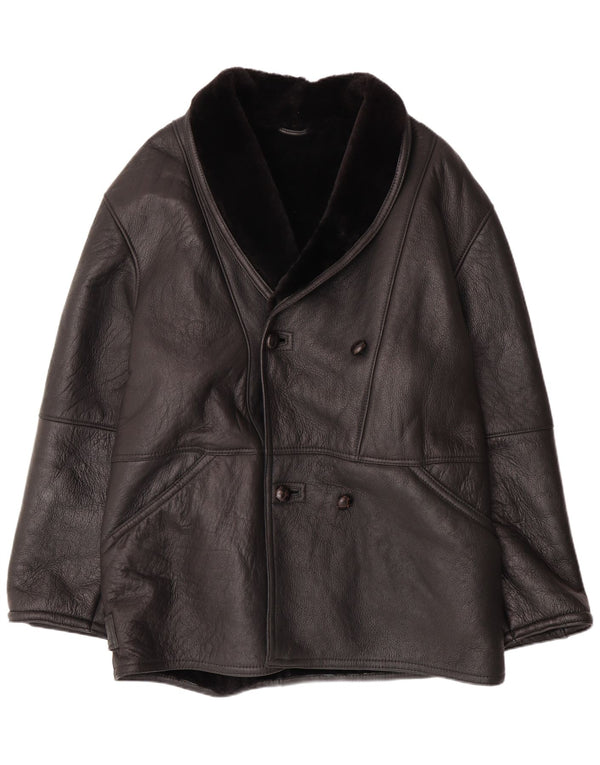 VINTAGE Mens Double Breasted Shearling Jacket IT 58 4XL Black Shearling