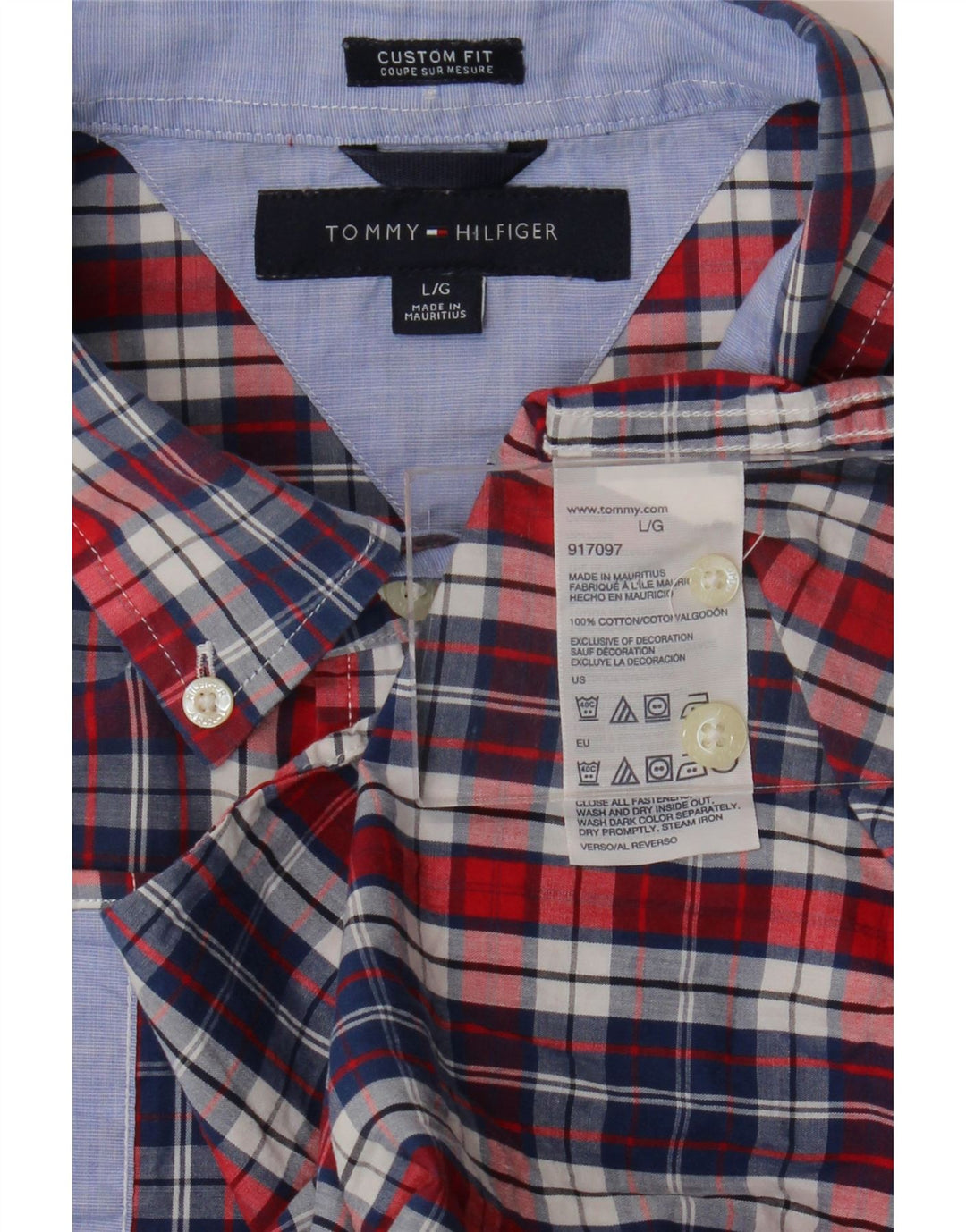 Tommy Hilfiger Mens Short Sleeve Custom Fit Shirt Large Navy Blue Check