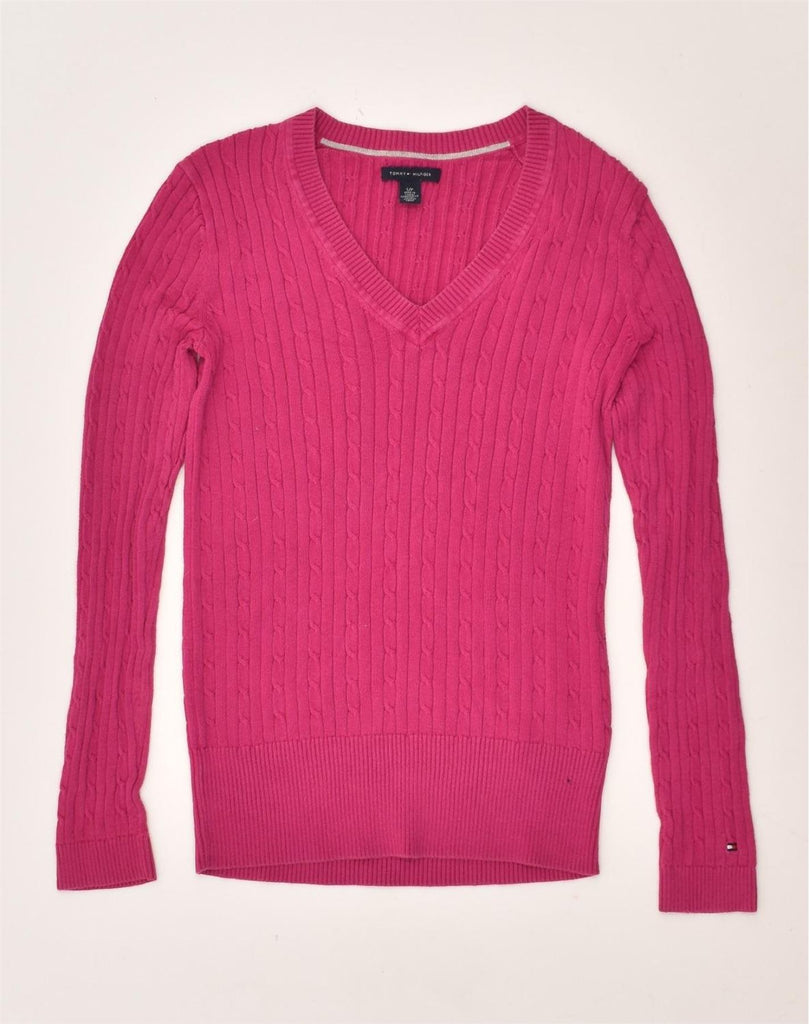 TOMMY HILFIGER Womens V-Neck Jumper Sweater UK 8 Small Pink Cotton | Vintage Tommy Hilfiger | Thrift | Second-Hand Tommy Hilfiger | Used Clothing | Messina Hembry 