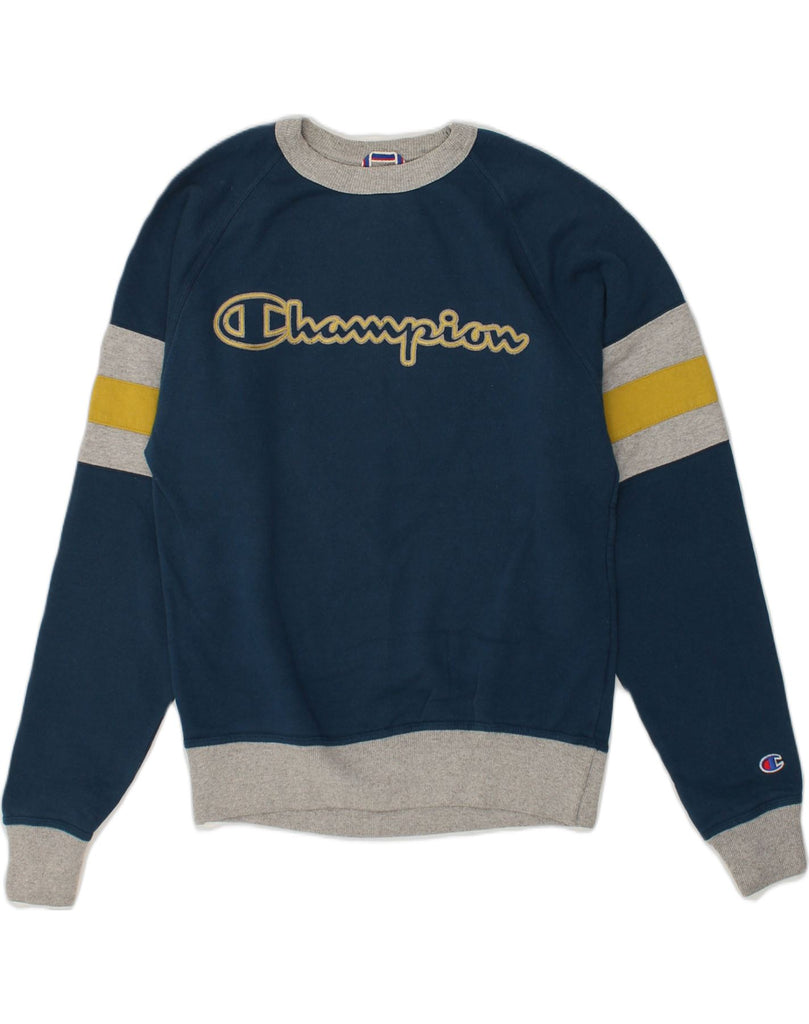 CHAMPION Mens Graphic Sweatshirt Jumper Small Navy Blue Cotton | Vintage Champion | Thrift | Second-Hand Champion | Used Clothing | Messina Hembry 