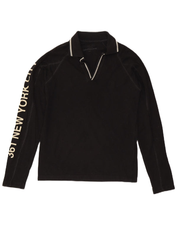 CALVIN KLEIN JEANS Mens Graphic Long Sleeve Polo Shirt Small Black Cotton