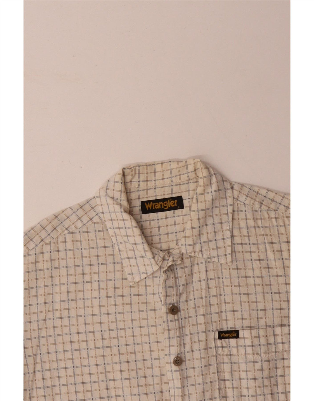 WRANGLER Mens Short Sleeve Shirt Large Beige Check Cotton