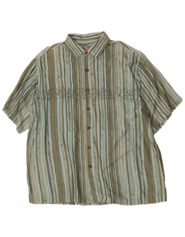 Caribbean Joe Mens Short Sleeve Shirt XL Green Striped Silk