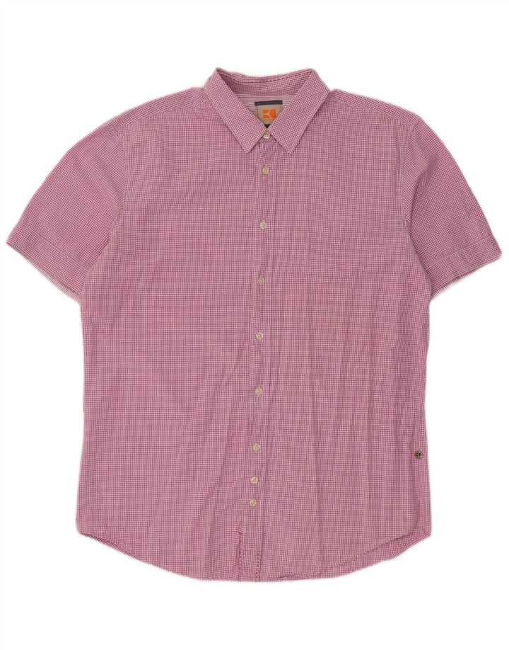 Hugo Boss Mens Short Sleeve Shirt XL Pink Gingham Cotton