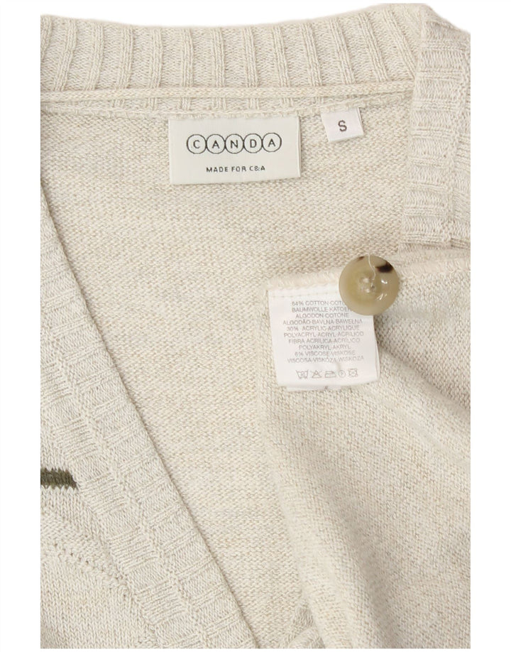 Canda Mens Cardigan Sweater Small Off White Geometric Cotton
