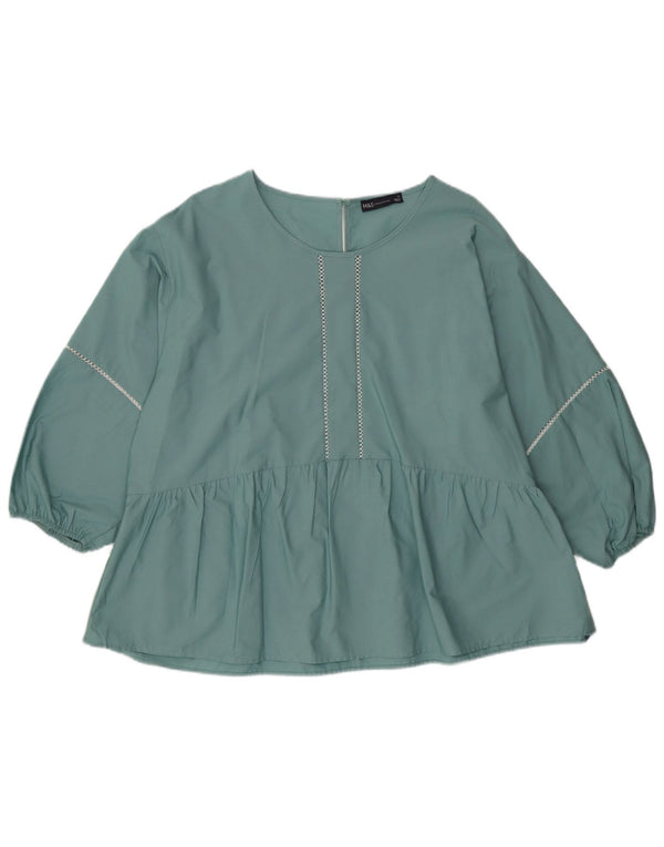 Marks & Spencer Womens Long Sleeve Blouse Top UK 16 Large Green Cotton