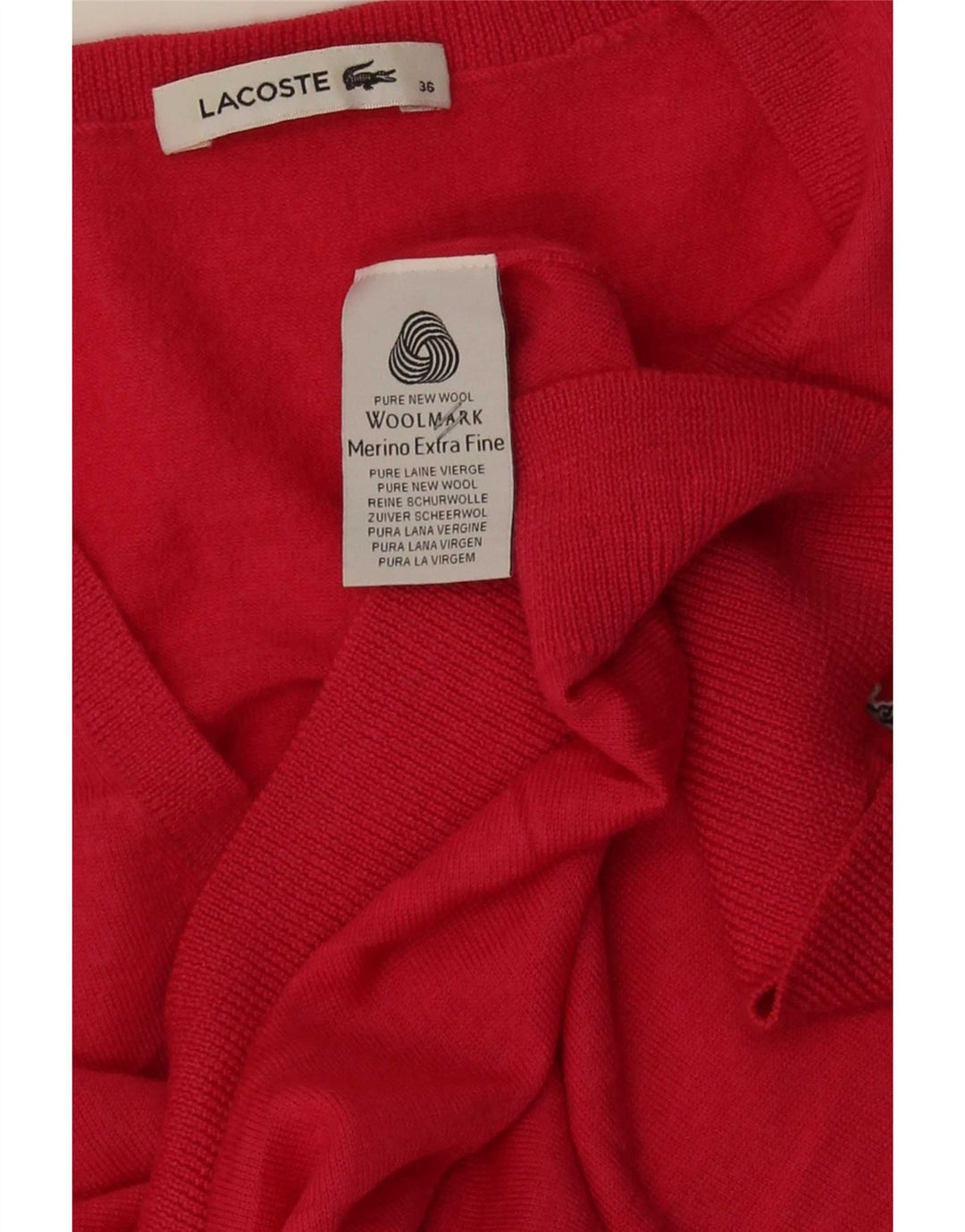 Lacoste Womens V-Neck Jumper Sweater Size 36 Small Red Merino Wool