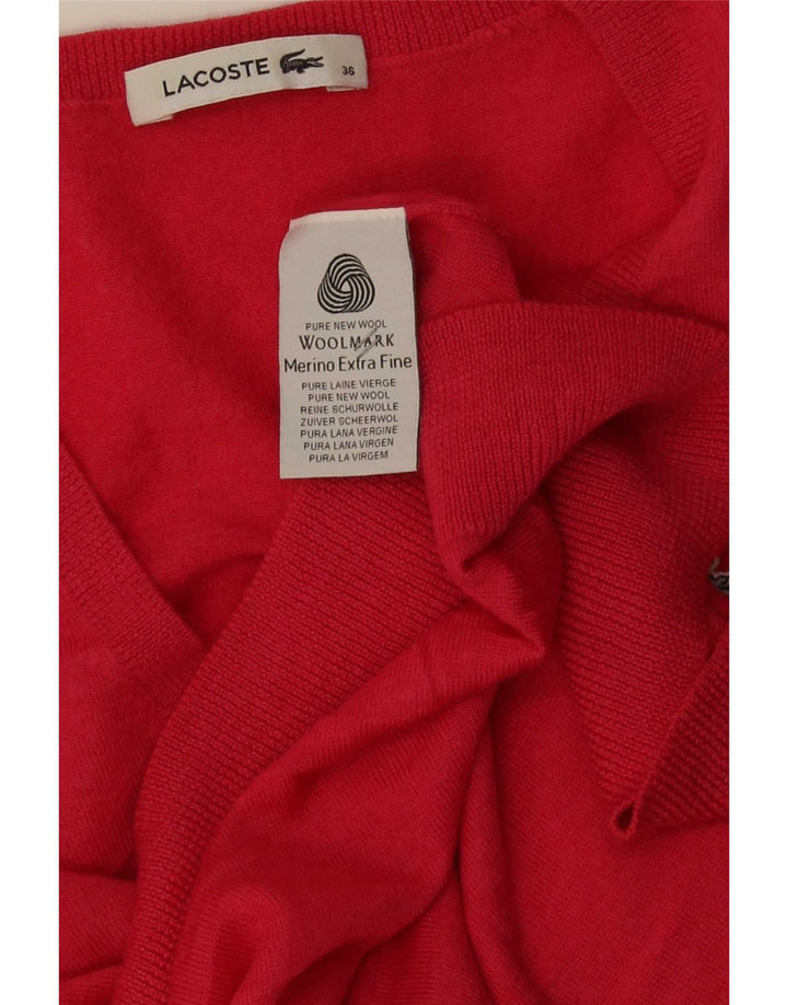 Lacoste Womens V-Neck Jumper Sweater Size 36 Small Red Merino Wool