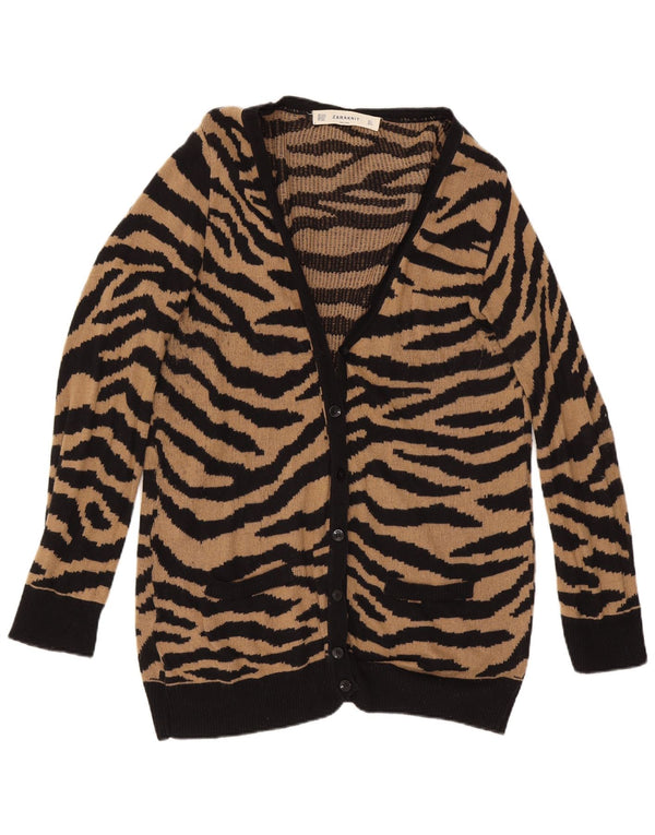 Zara Womens Longline Cardigan Sweater UK 16 Large Brown Animal Print Cotton