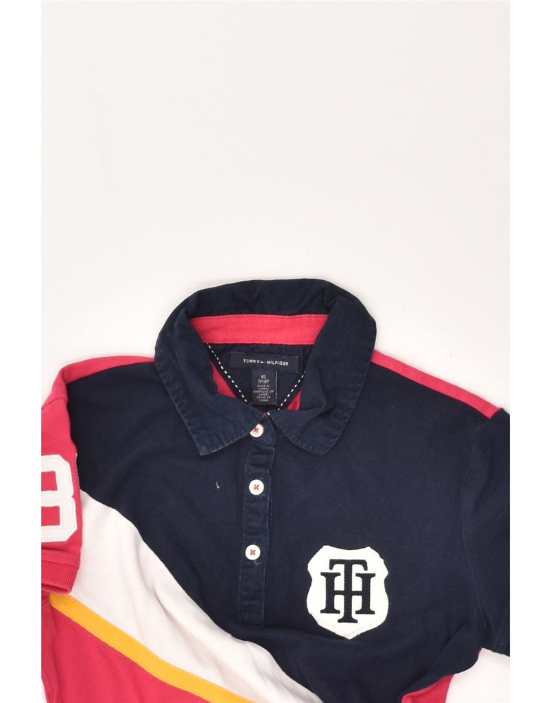 TOMMY HILFIGER Womens Graphic Rugby Polo Shirt UK 6 XS Pink Colourblock | Vintage Tommy Hilfiger | Thrift | Second-Hand Tommy Hilfiger | Used Clothing | Messina Hembry 