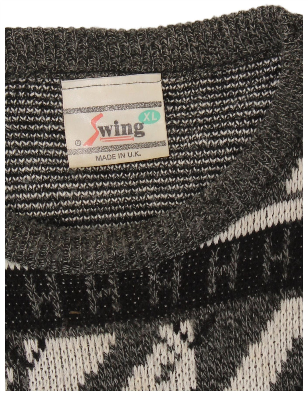 VINTAGE Mens Boat Neck Jumper Sweater XL Grey Geometric Acrylic