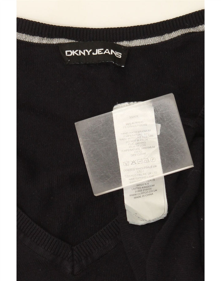 Dkny Womens Graphic Oversized V-Neck Jumper Sweater UK 14 Large Black