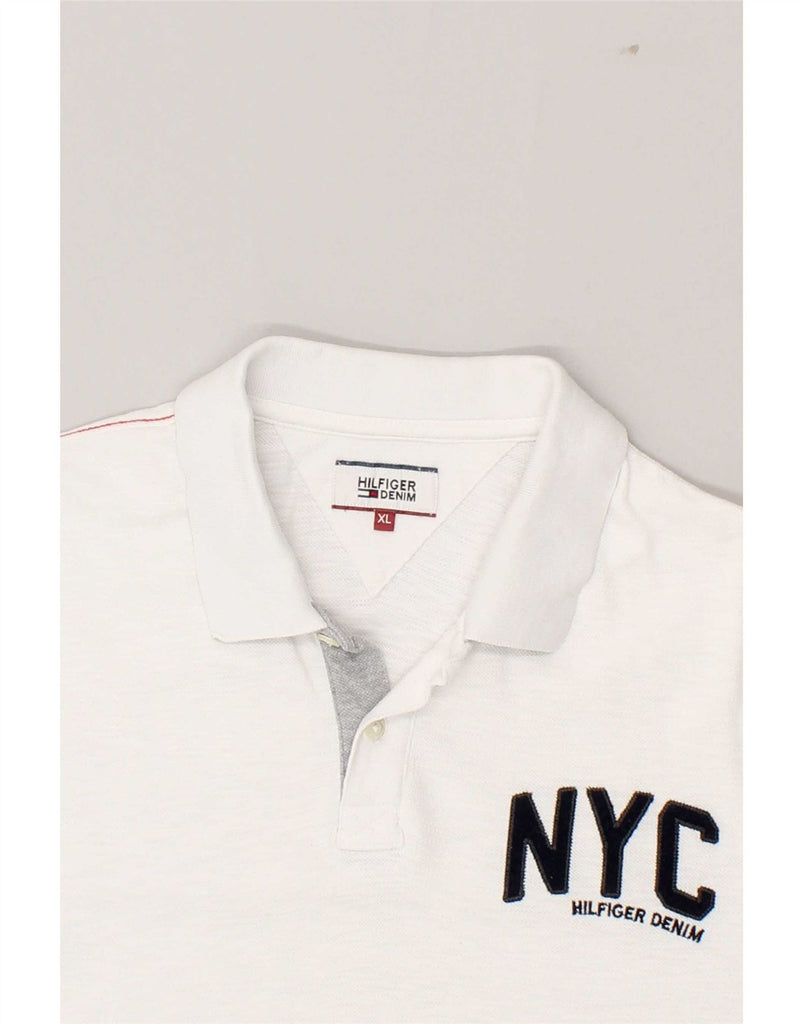 TOMMY HILFIGER Mens Graphic Polo Shirt XL White Cotton Vintage Tommy Hilfiger and Second-Hand Tommy Hilfiger from Messina Hembry 