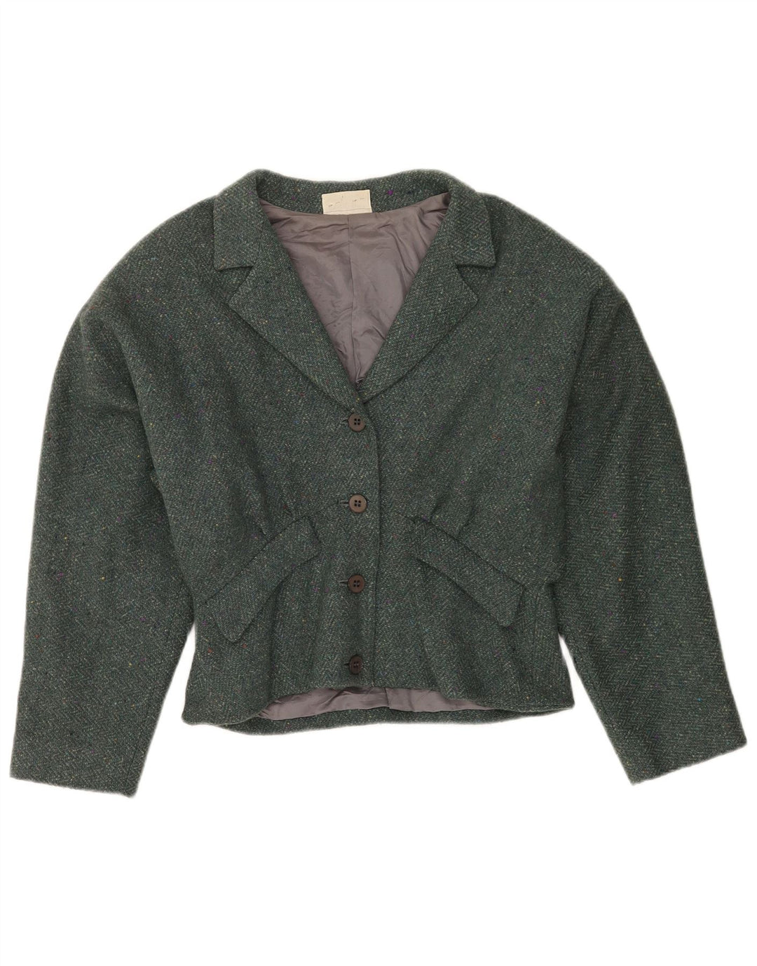 Vintage Womens Crop 4 Button Blazer Jacket UK 12 Medium Green Herringbone