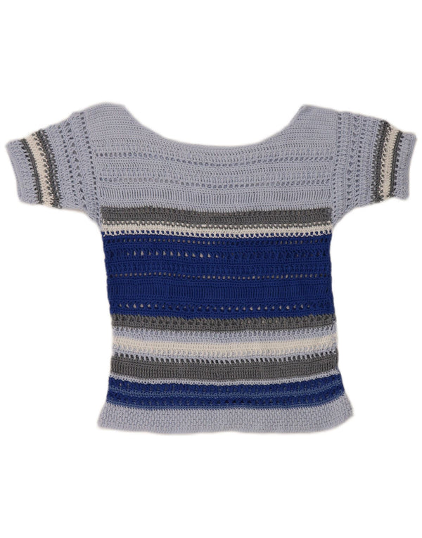 Vintage Womens Crochet Blouse Top UK 10 Small Blue Striped