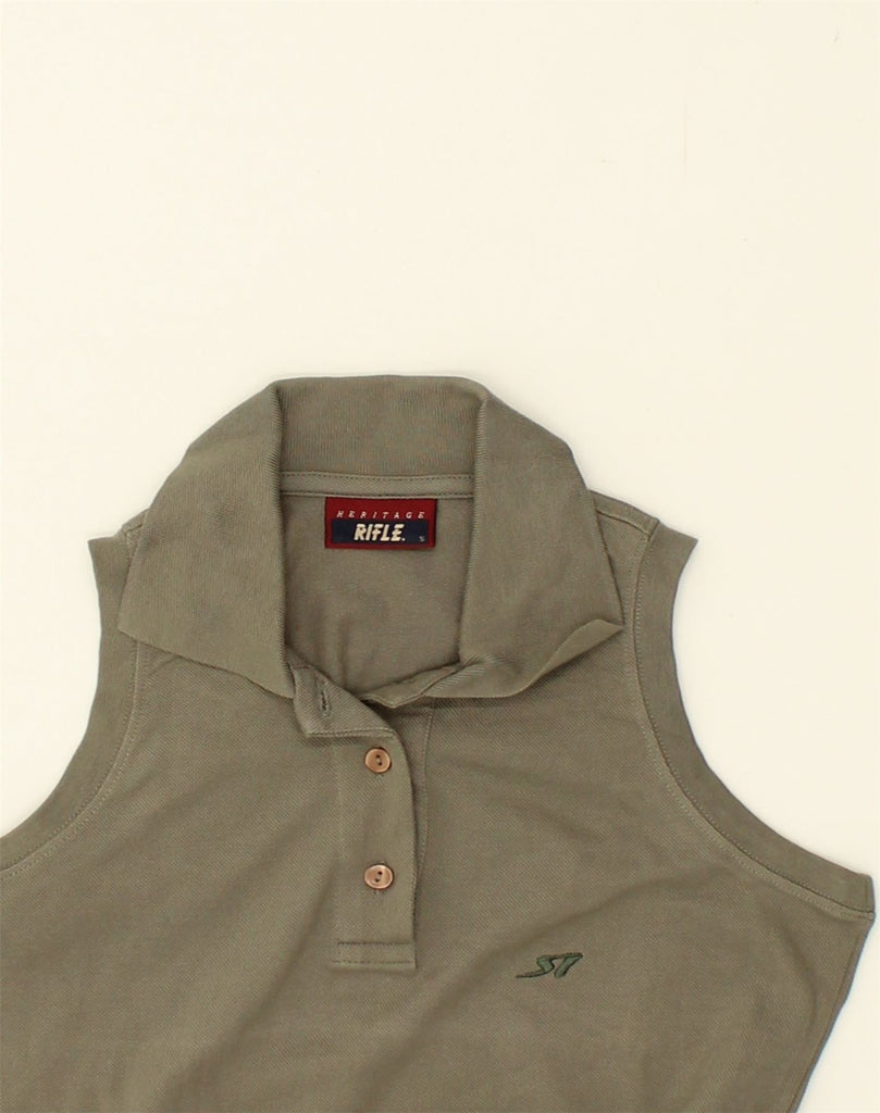 RIFLE Womens Sleeveless Polo Shirt UK 8 Small Khaki Cotton | Vintage Rifle | Thrift | Second-Hand Rifle | Used Clothing | Messina Hembry 