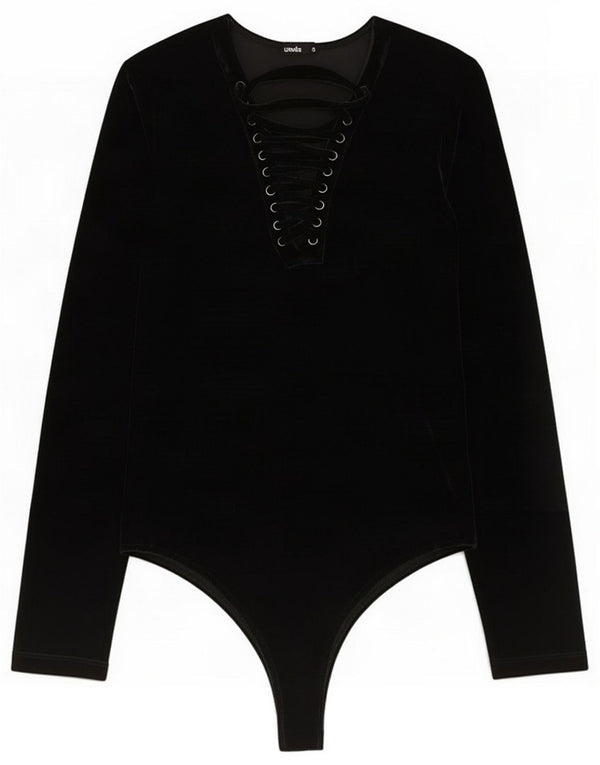 Vintage Womens Long Sleeve Velvet Bodysuit UK 10 Small Black Polyester