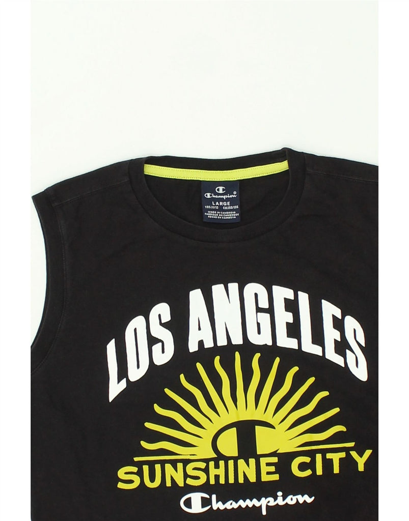 CHAMPION Boys Graphic Vest Top 11-12 Years Large Black Cotton | Vintage Champion | Thrift | Second-Hand Champion | Used Clothing | Messina Hembry 