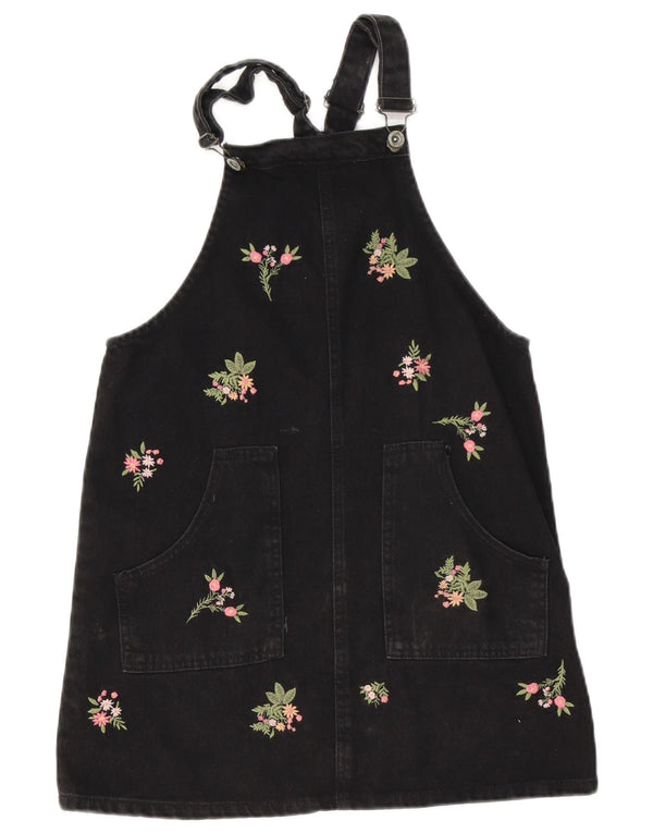 Zara Girls Denim Dungaree Dress 13-14 Years Black Floral Cotton