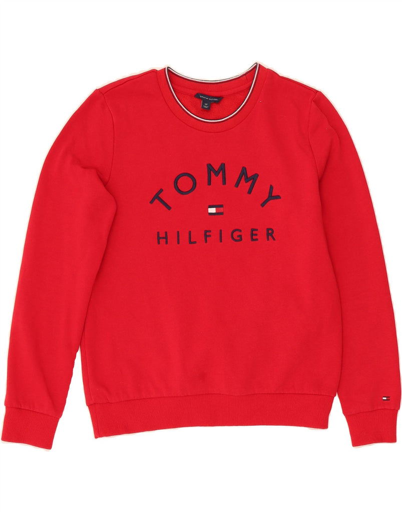 TOMMY HILFIGER Womens Crop Graphic Sweatshirt Jumper UK 10 Small Red Vintage Tommy Hilfiger and Second-Hand Tommy Hilfiger from Messina Hembry 