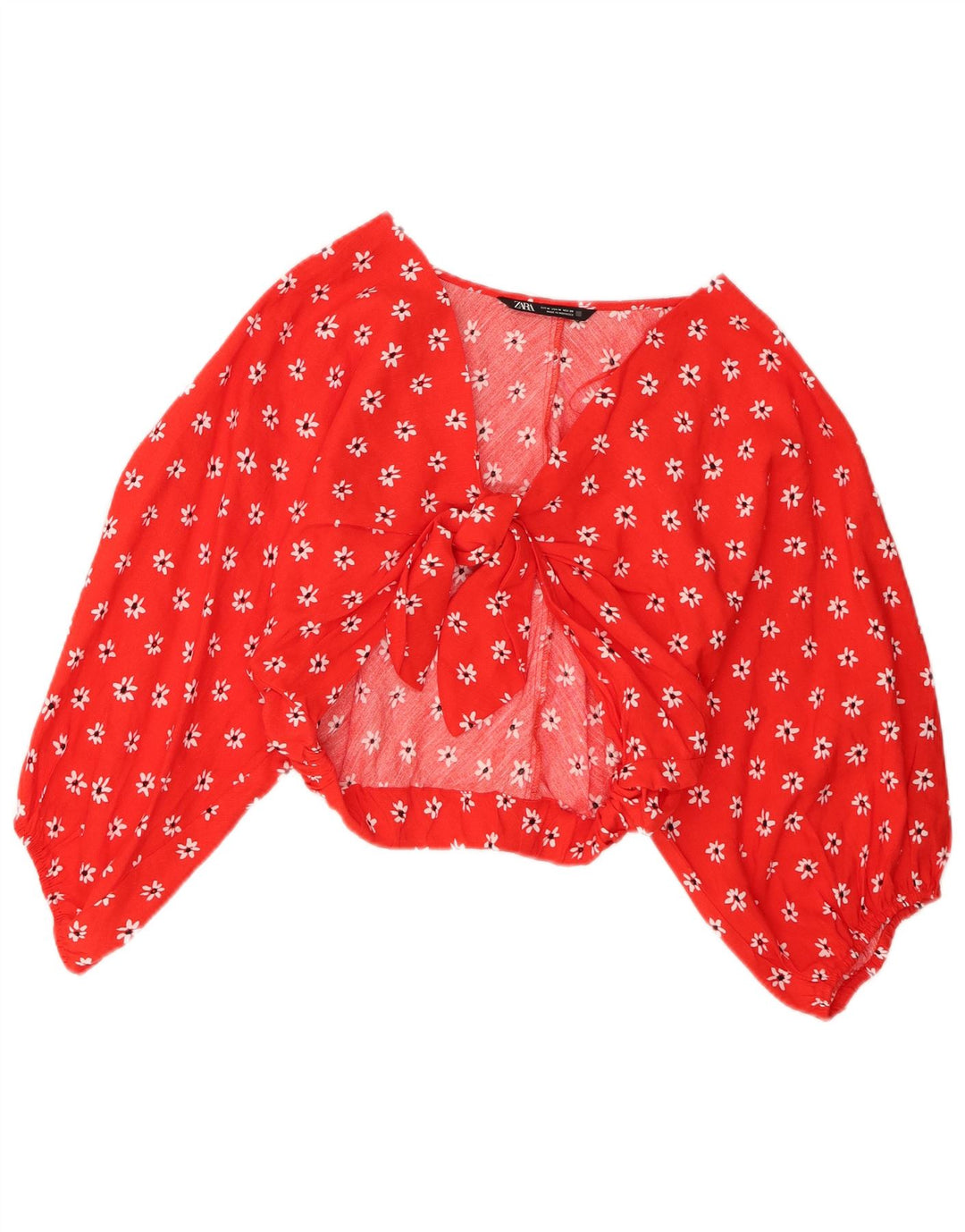 Zara Womens Long Sleeve Front Tie Crop Top UK 12 Medium Red Floral