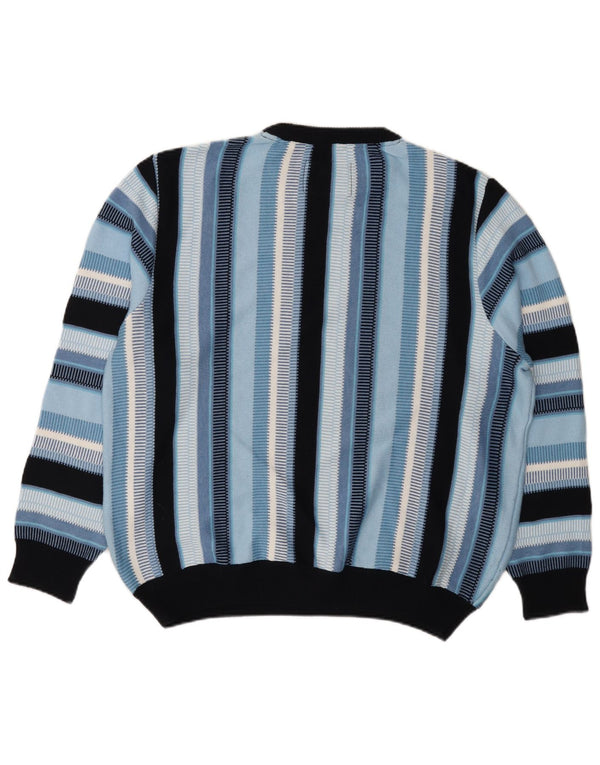 Roger Kent Mens Crew Neck Jumper Sweater XL Blue Striped Polyacrylic