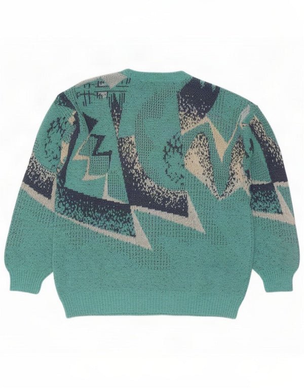 Vintage Mens Crew Neck Jumper Sweater IT 50 Large Blue Geometric Cotton