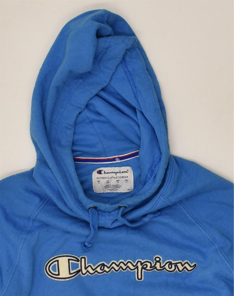 CHAMPION Womens Graphic Hoodie Jumper UK 12 Medium Blue Cotton | Vintage Champion | Thrift | Second-Hand Champion | Used Clothing | Messina Hembry 