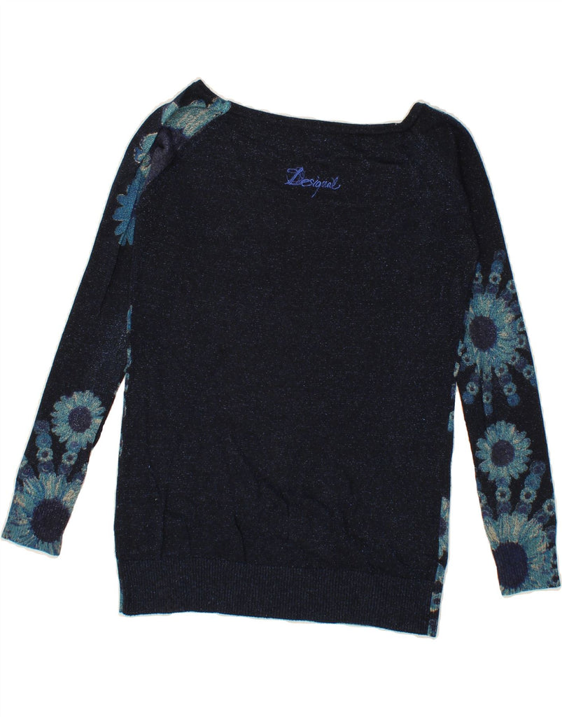 DESIGUAL Womens Boat Neck Jumper Sweater UK 12 Medium Navy Blue Floral Vintage Desigual and Second-Hand Desigual from Messina Hembry 