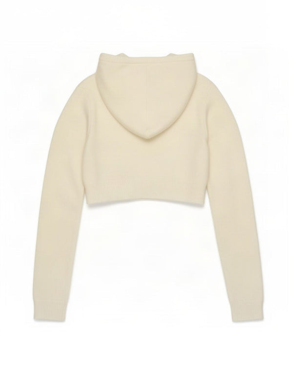 Zara Womens Crop Knit Hoodie Jumper UK 12 Medium Off White Nylon