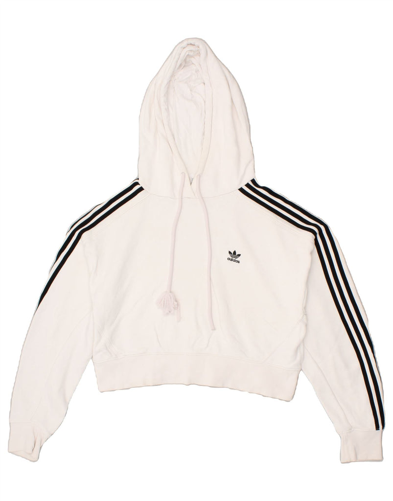 ADIDAS Womens Oversized Crop Graphic Hoodie Jumper UK 8 Small White Cotton | Vintage Adidas | Thrift | Second-Hand Adidas | Used Clothing | Messina Hembry 