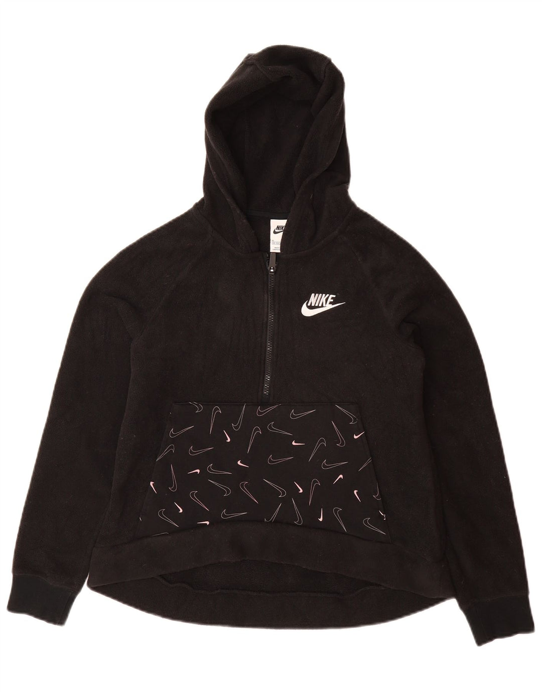 NIKE Girls Graphic Zip Neck Fleece Jumper 13-14 Years XL Black Polyester