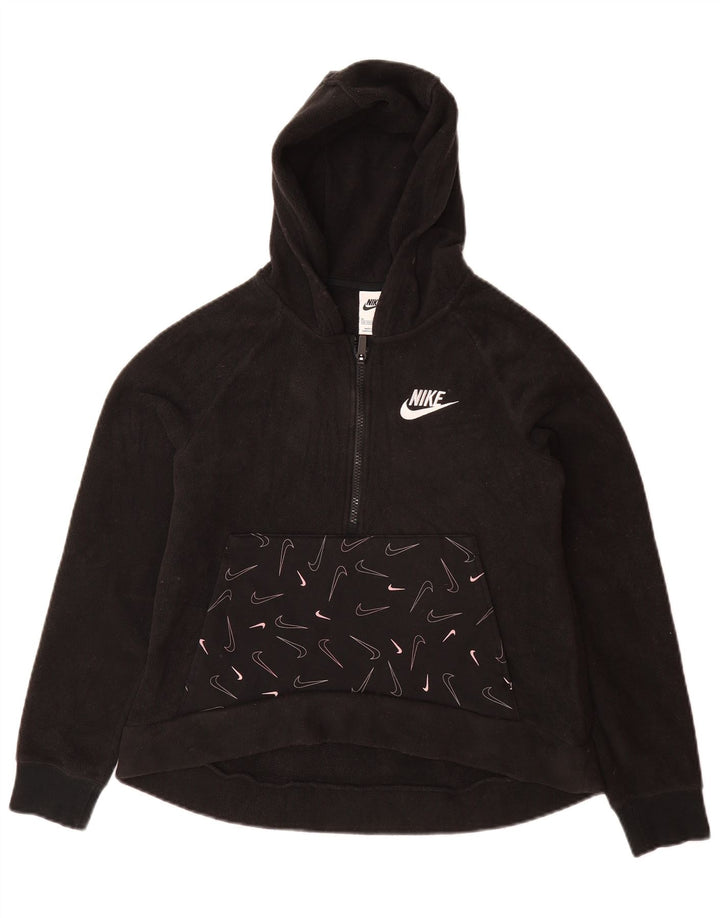 NIKE Girls Graphic Zip Neck Fleece Jumper 13-14 Years XL Black Polyester