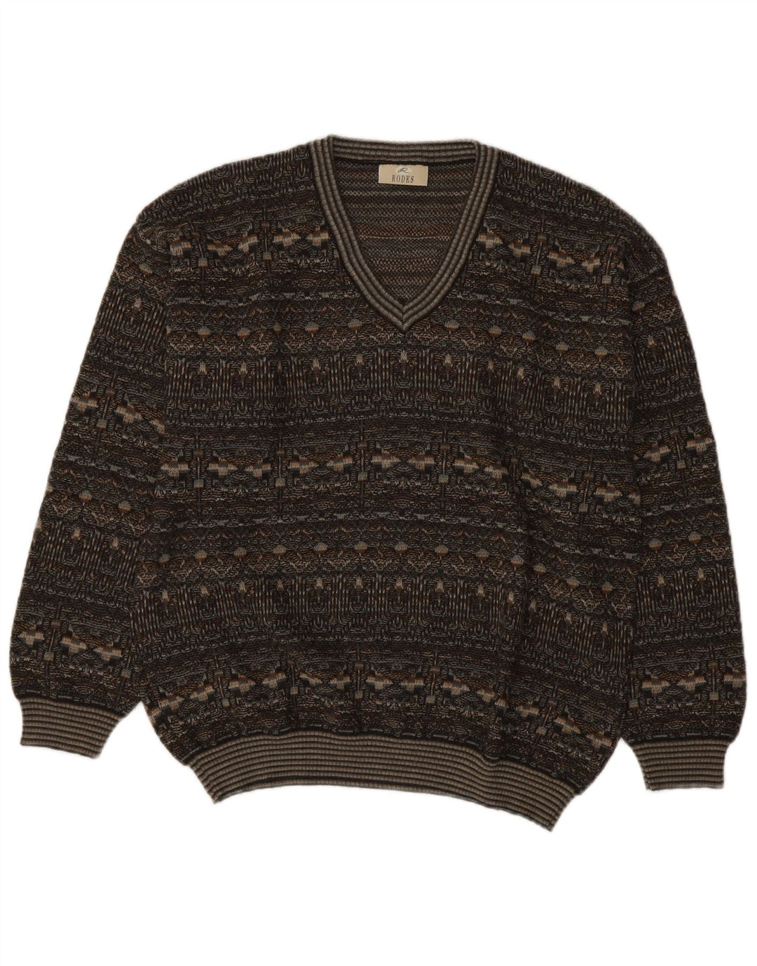 RODES Mens V-Neck Jumper Sweater Large Grey Fair Isle Virgin Wool