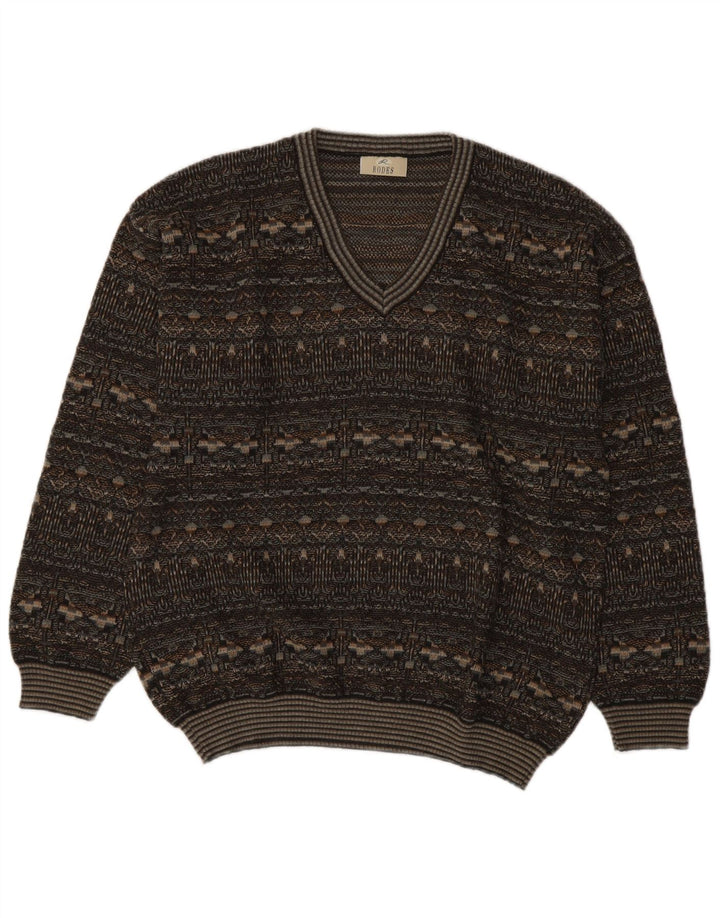 RODES Mens V-Neck Jumper Sweater Large Grey Fair Isle Virgin Wool