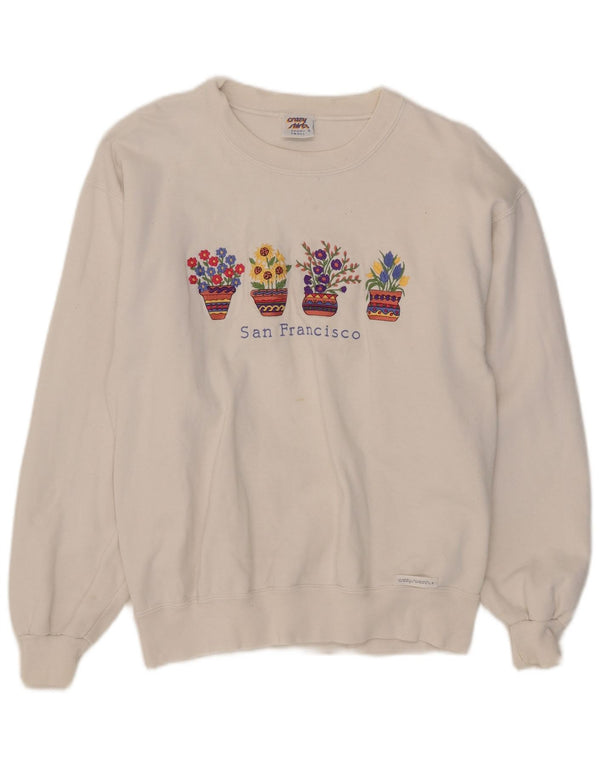 Vintage Womens Oversized Sweatshirt Jumper UK 10 Small White Floral Cotton