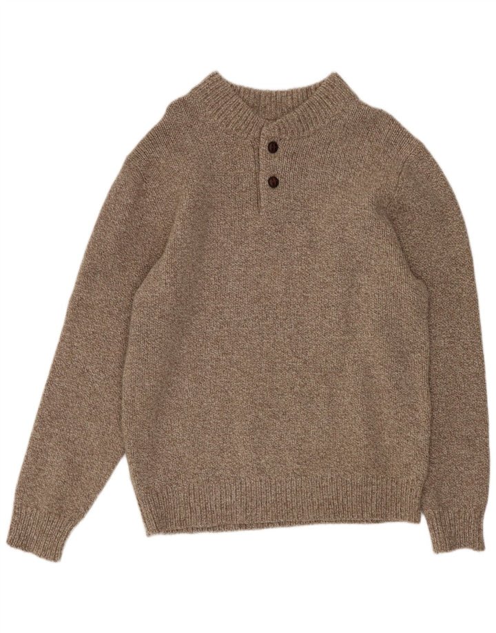 L.L.Bean Mens Button Neck Jumper Sweater Medium Brown Flecked Lambswool