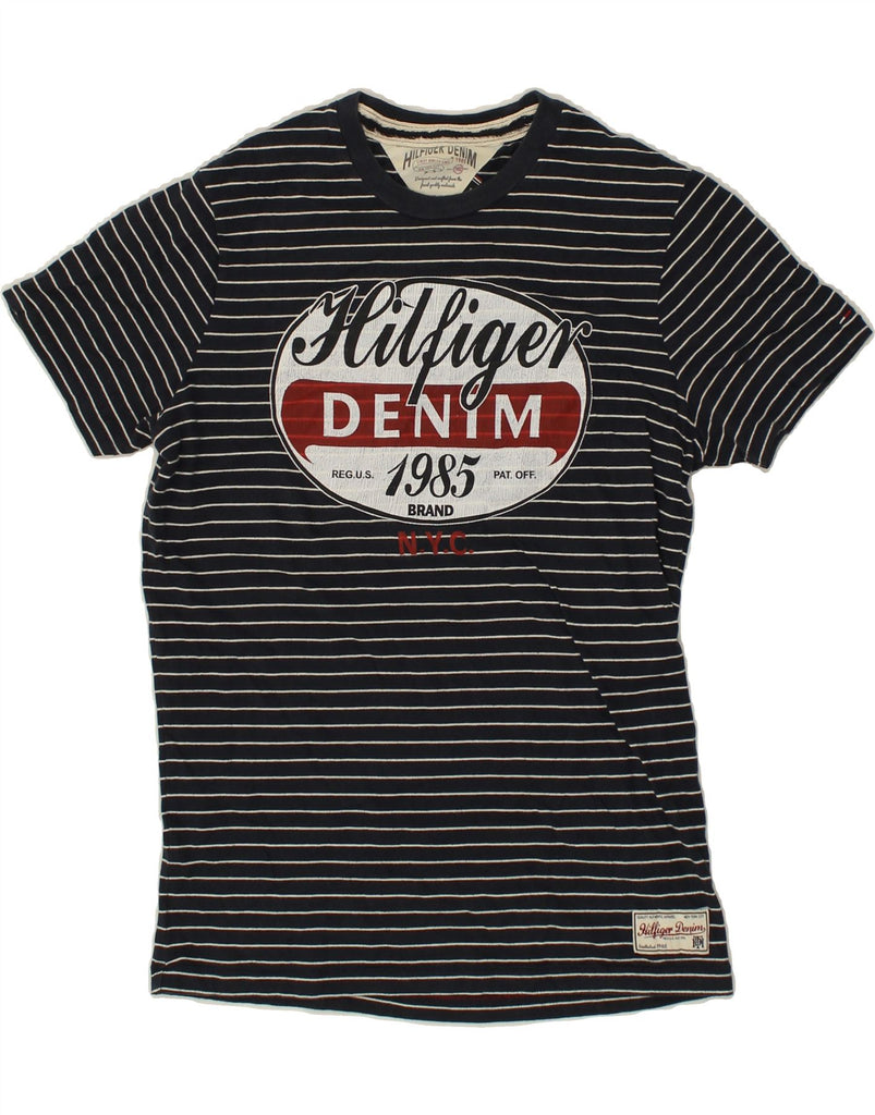 TOMMY HILFIGER Mens Graphic T-Shirt Top Medium Navy Blue Striped Cotton Vintage Tommy Hilfiger and Second-Hand Tommy Hilfiger from Messina Hembry 