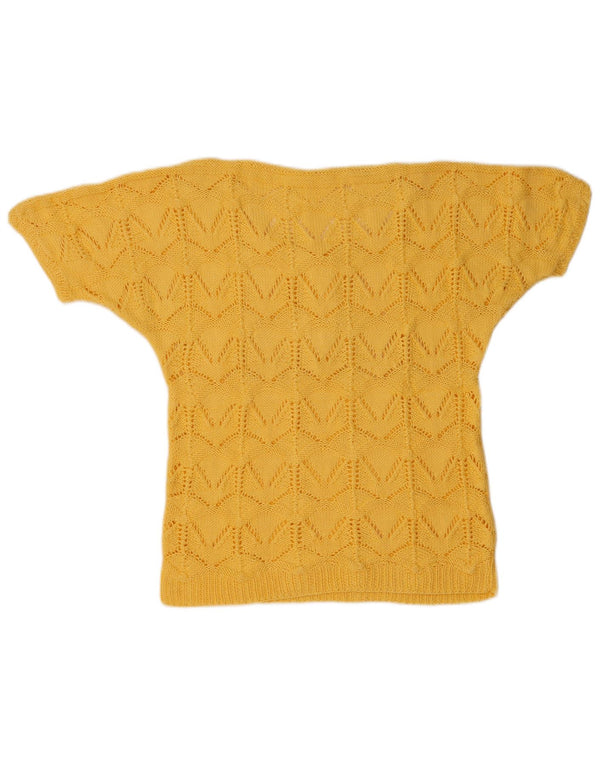 Vintage Womens Short Sleeve Button Neck Jumper Sweater UK 14 Medium Yellow