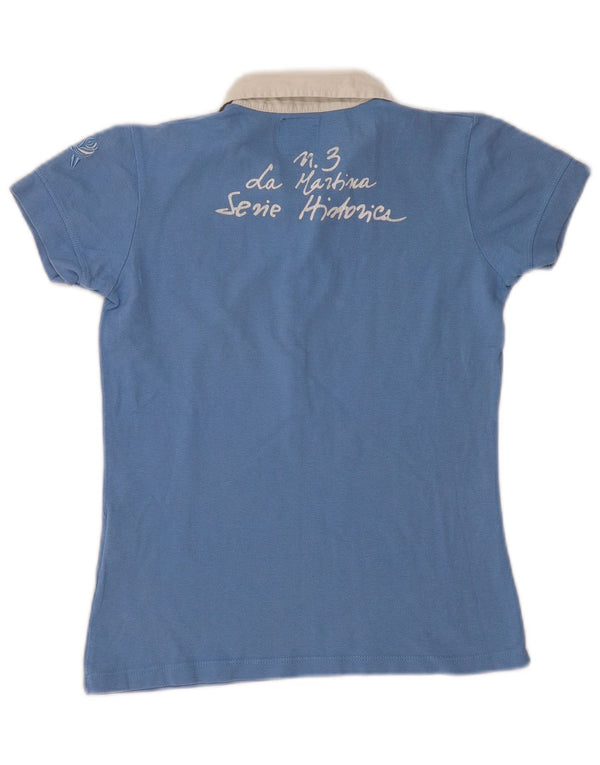 La Martina Womens Graphic Polo Shirt UK 14 Large Blue Colourblock