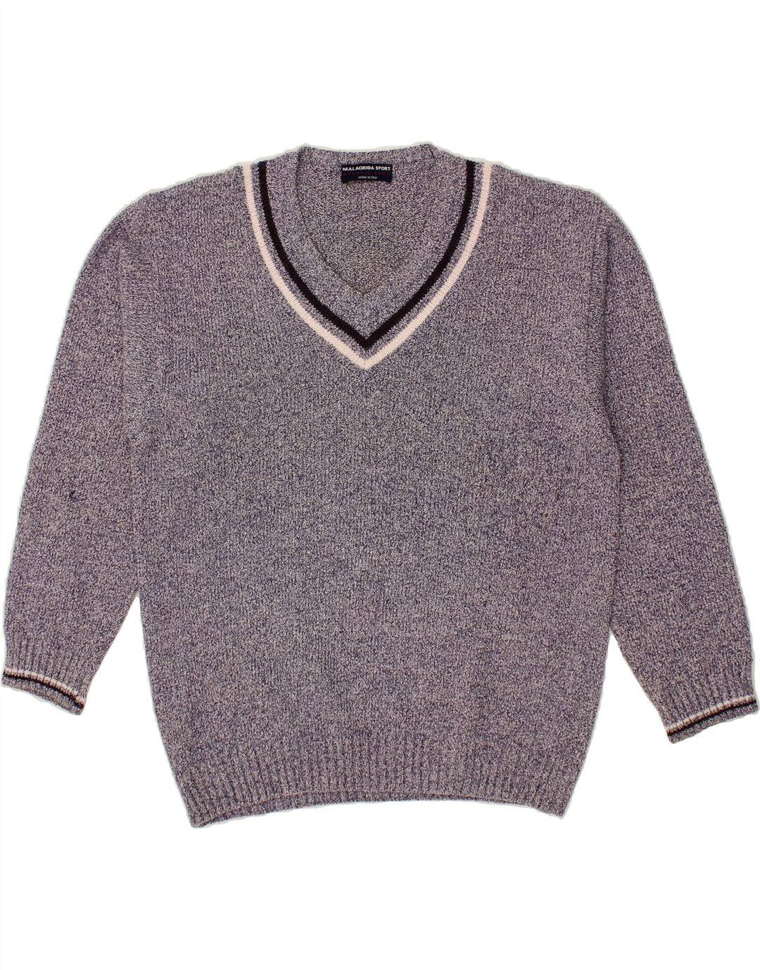 MALAGRIDA Mens V-Neck Jumper Sweater XL Blue Flecked Vintage Malagrida and Second-Hand Malagrida from Messina Hembry 