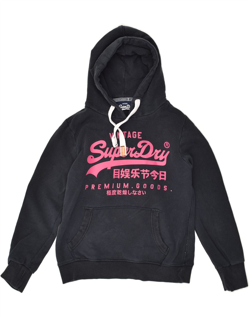 SUPERDRY Womens Graphic Hoodie Jumper UK 14 Medium Black Cotton | Vintage Superdry | Thrift | Second-Hand Superdry | Used Clothing | Messina Hembry 