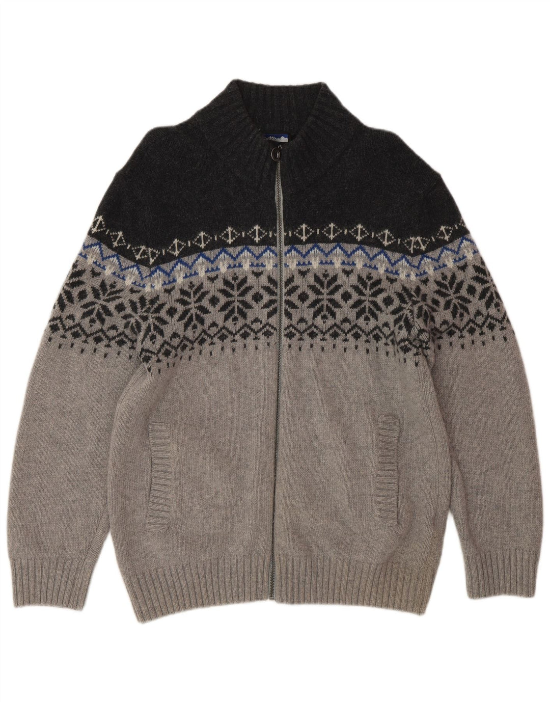 NORTH ROUTE Mens Zip Neck Jumper Sweater Large Grey Fair Isle
