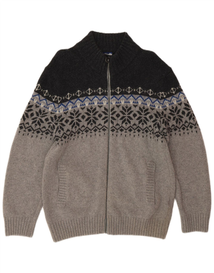 NORTH ROUTE Mens Zip Neck Jumper Sweater Large Grey Fair Isle