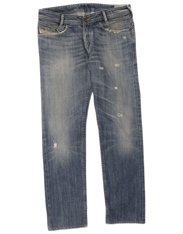 Diesel Mens Poiak Distressed Straight Jeans W33 L34 Blue Cotton