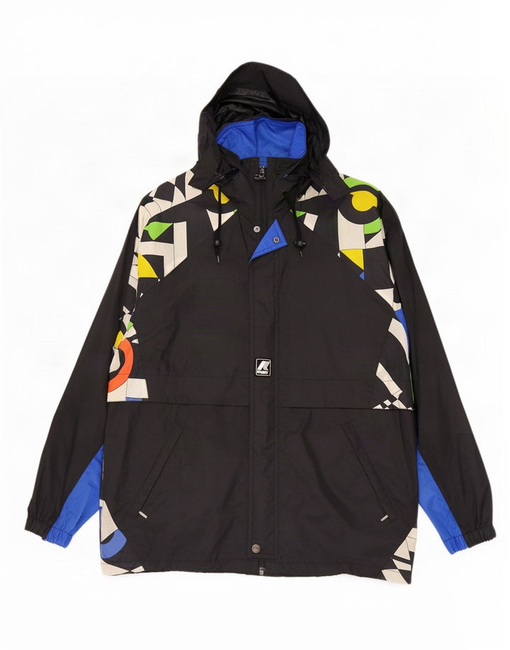 K-Way Mens Hooded Rain Jacket UK 36 Small Black Geometric Polyamide